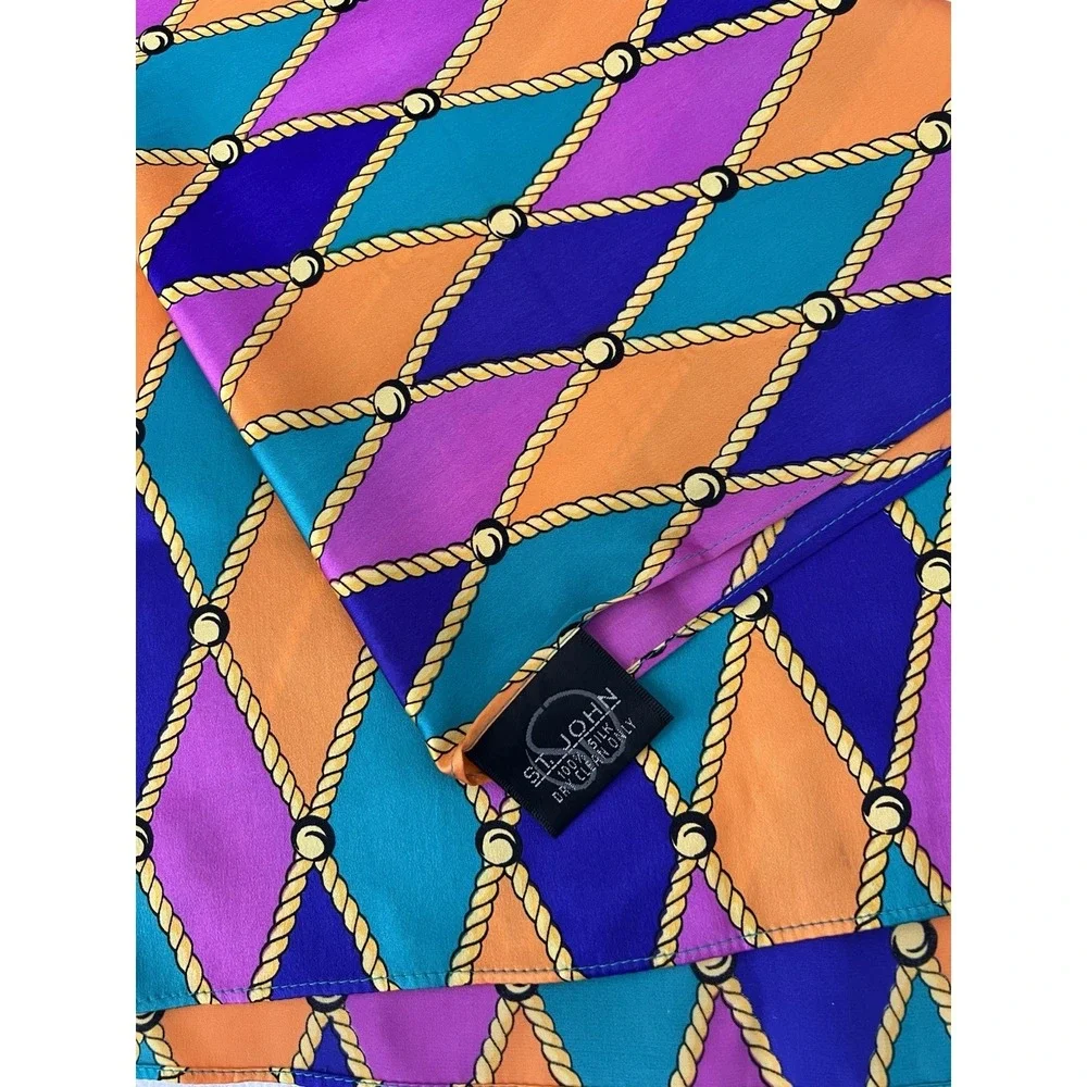 Vintage St John 100% Silk Scarf Harlequin Diamond Gold Rope Colorful